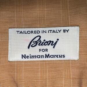 BRIONI Size Large Mens Made in Italy Button Front Shirt Orange White Stripes